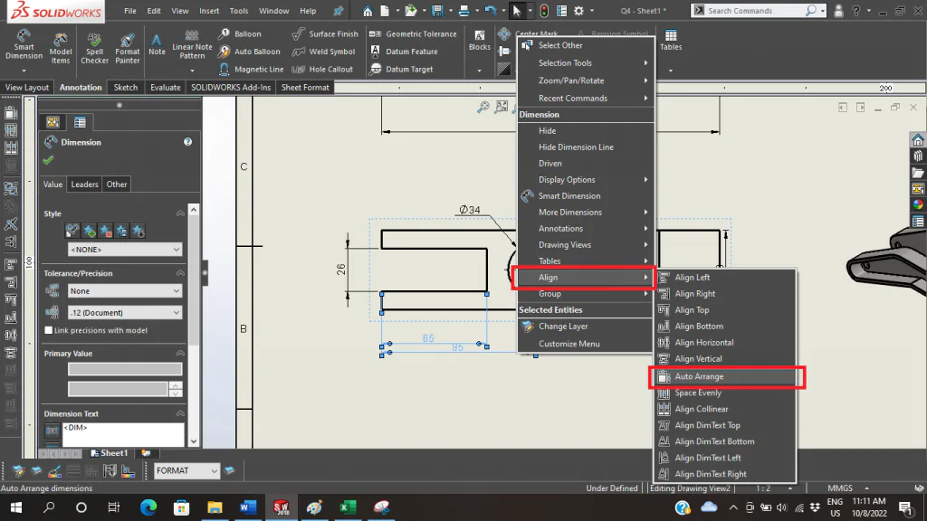 auto arrange dimension