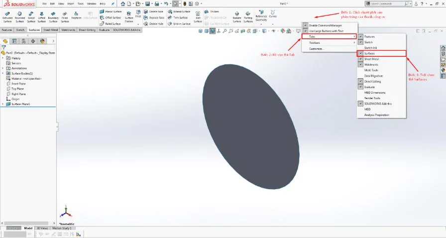 Cách mở thẻ Surfaces