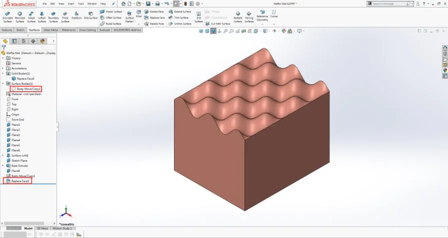 Kết quả của việc thực hiện lệnh Replace Face trong SOLIDWORKS