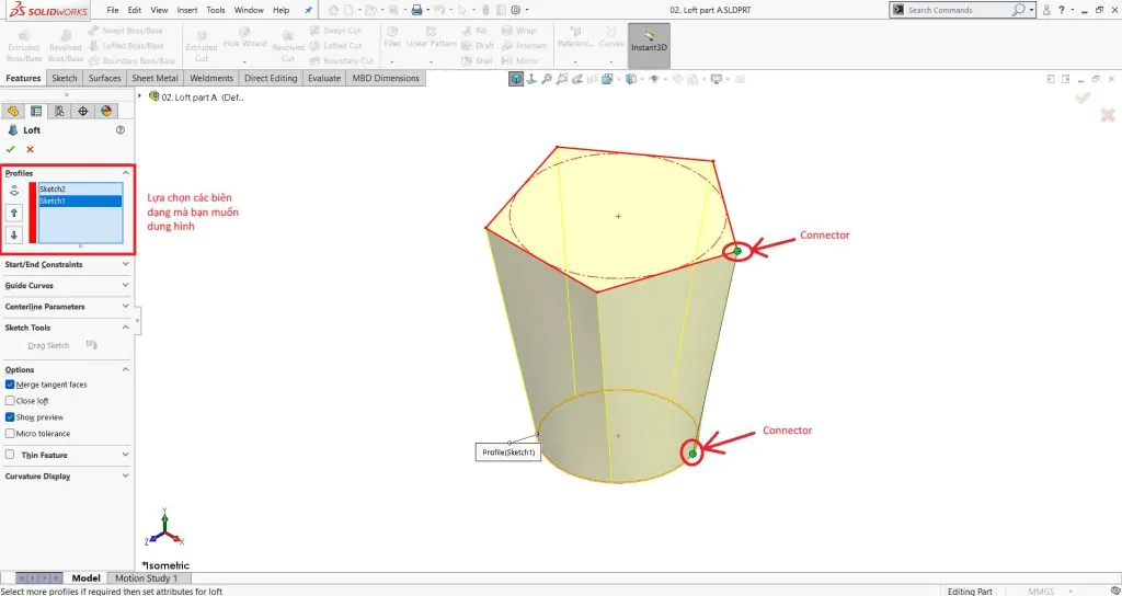 Lệnh Loft nối các biên dạng ở nhiều mặt phẳng trong SOLIDWORKS